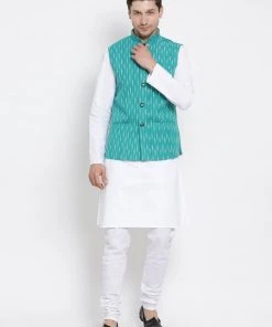 Vastramay Men's White Cotton Kurta, Ethnic Jacket And Pyjama Set