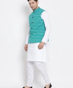 Vastramay Men's White Cotton Kurta, Ethnic Jacket And Pyjama Set