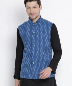 VASTRAMAY Men's Blue Cotton Ethnic Jacket Nehru Jacket