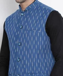 VASTRAMAY Men's Blue Cotton Ethnic Jacket Nehru Jacket