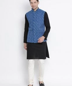 VASTRAMAY Men's Blue Cotton Ethnic Jacket Nehru Jacket
