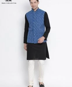 Vastramay Men's Black Cotton Kurta, Ethnic Jacket And Pyjama Set Kurta Sets