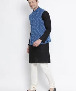 Vastramay Men's Black Cotton Kurta, Ethnic Jacket And Pyjama Set Kurta Sets