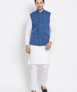 Vastramay Men's White Cotton Kurta, Ethnic Jacket And Pyjama Set