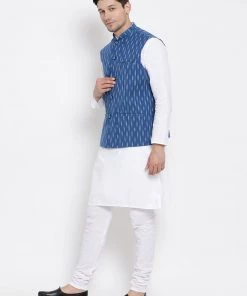 Vastramay Men's White Cotton Kurta, Ethnic Jacket And Pyjama Set