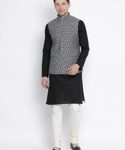 Nehru Jacket VASTRAMAY Men's Grey Cotton Ethnic Jacket