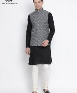 Kurta Sets VASTRAMAY Men's Black Cotton Kurta, Ethnic Jacket And Churidar Set