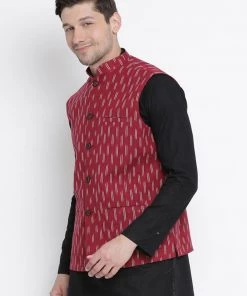 Buy 1 Get 1 VASTRAMAY Men's Maroon Cotton Ethnic Jacket