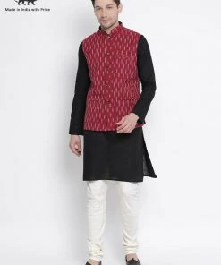 Vastramay Men's Black Cotton Kurta, Ethnic Jacket And Pyjama Set