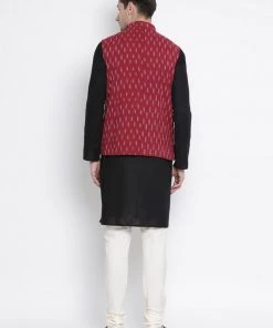 Vastramay Men's Black Cotton Kurta, Ethnic Jacket And Pyjama Set