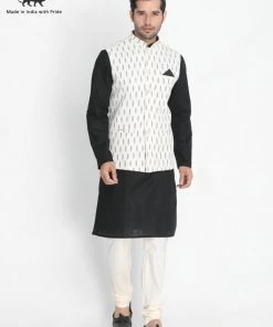 Vastramay Men's Black Cotton Kurta, Ethnic Jacket And Pyjama Set