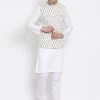 Vastramay Men's White Cotton Kurta, Ethnic Jacket And Pyjama Set