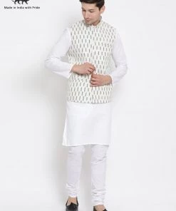 Vastramay Men's White Cotton Kurta, Ethnic Jacket And Pyjama Set