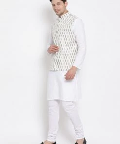 Vastramay Men's White Cotton Kurta, Ethnic Jacket And Pyjama Set