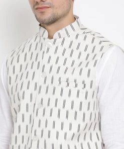 Vastramay Men's White Cotton Kurta, Ethnic Jacket And Pyjama Set