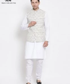 Vastramay Jacket Kurta Sets Men's White Cotton Kurta, Ethnic Jacket And Pyjama Set