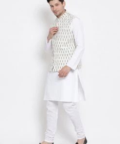Vastramay Jacket Kurta Sets Men's White Cotton Kurta, Ethnic Jacket And Pyjama Set