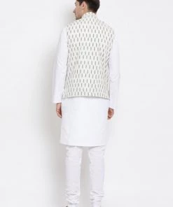 Vastramay Jacket Kurta Sets Men's White Cotton Kurta, Ethnic Jacket And Pyjama Set