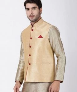 Vastramay Men's Beige Cotton Silk Blend Ethnic Jacket