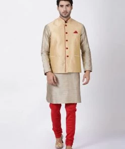 Vastramay Men's Beige Cotton Silk Blend Ethnic Jacket