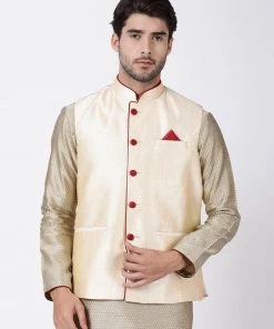 Vastramay Men's Cream Cotton Silk Blend Ethnic Jacket