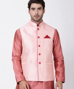 Vastramay Men's Pink Cotton Silk Blend Ethnic Jacket