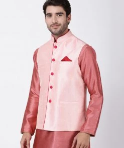 Vastramay Men's Pink Cotton Silk Blend Ethnic Jacket