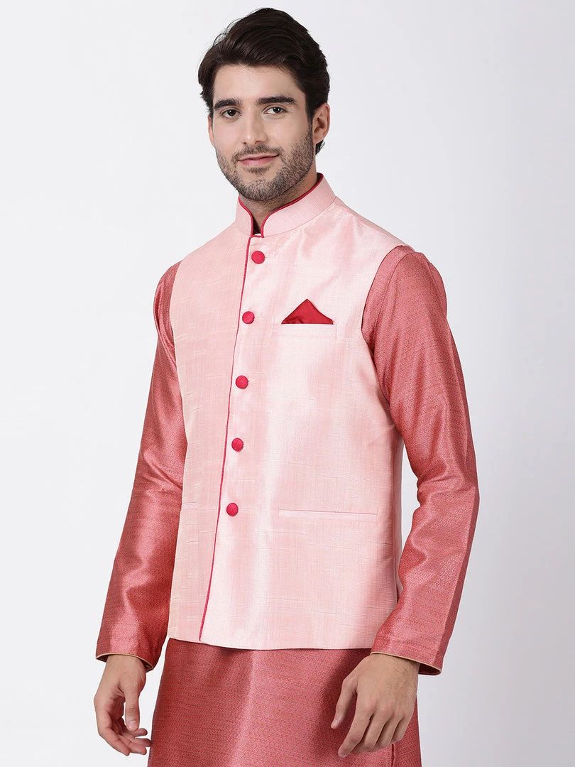 Vastramay Men's Pink Cotton Silk Blend Ethnic Jacket 4 Vastramay Men's Pink Cotton Silk Blend Ethnic Jacket