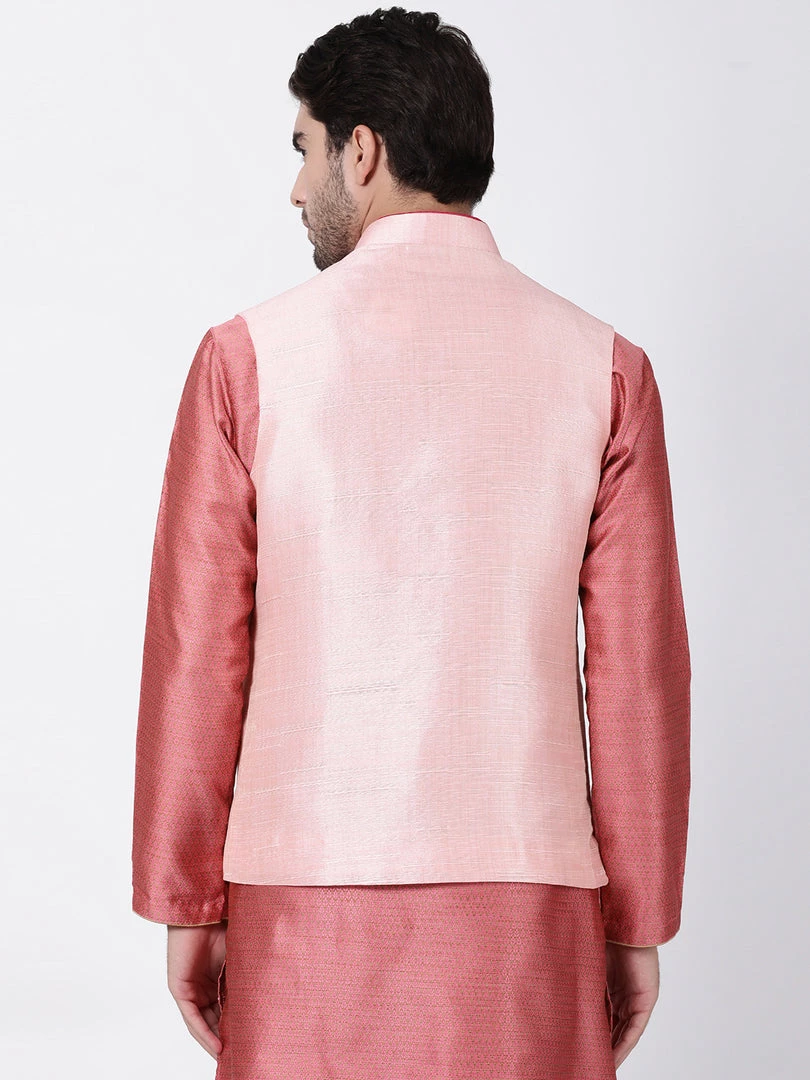 Vastramay Men's Pink Cotton Silk Blend Ethnic Jacket 6 Vastramay Men's Pink Cotton Silk Blend Ethnic Jacket
