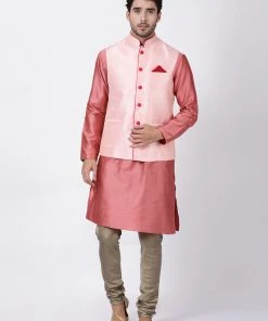 Vastramay Men's Pink Cotton Silk Blend Ethnic Jacket 12 Vastramay Men's Pink Cotton Silk Blend Ethnic Jacket