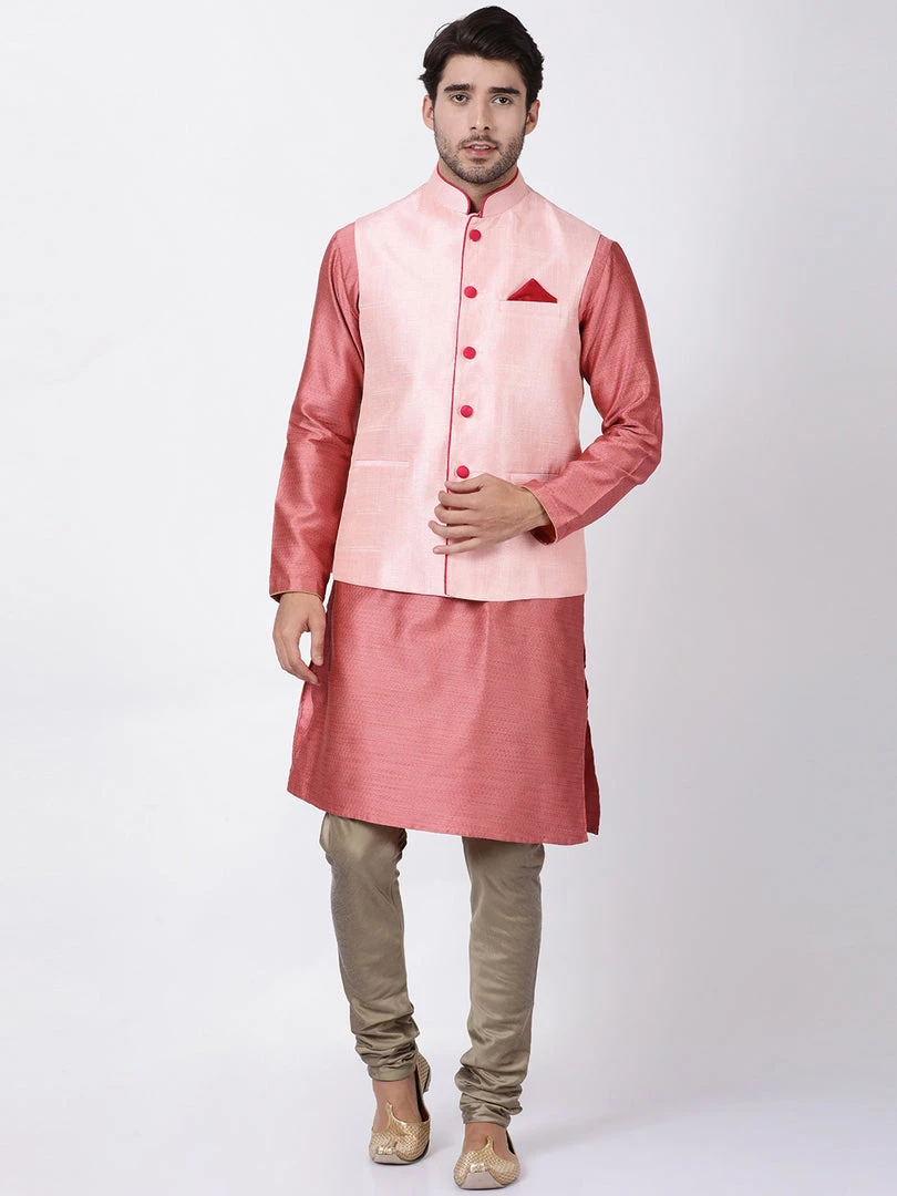 Vastramay Men's Pink Cotton Silk Blend Ethnic Jacket 7 Vastramay Men's Pink Cotton Silk Blend Ethnic Jacket