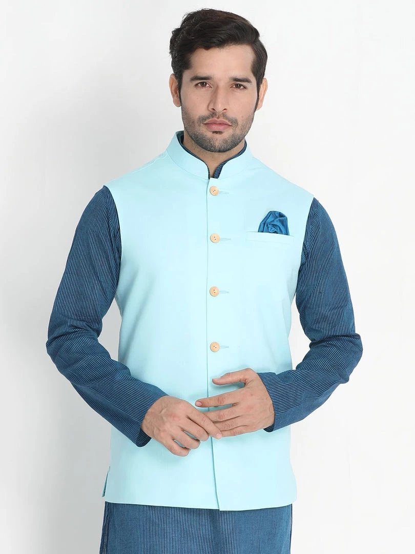 Nehru Jacket VASTRAMAY Men's Light Blue Cotton Ethnic Jacket 3 Nehru Jacket VASTRAMAY Men's Light Blue Cotton Ethnic Jacket