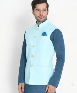 Nehru Jacket VASTRAMAY Men's Light Blue Cotton Ethnic Jacket