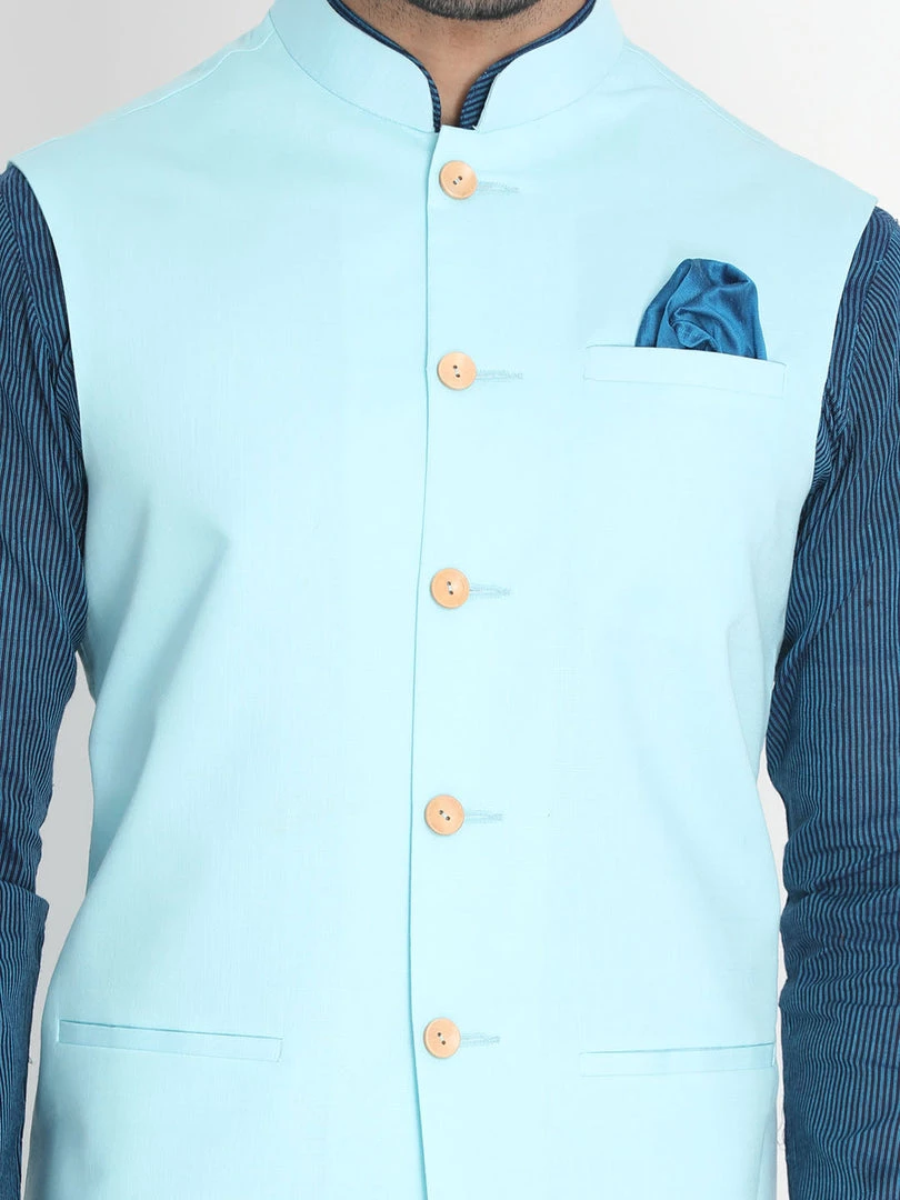 Nehru Jacket VASTRAMAY Men's Light Blue Cotton Ethnic Jacket 5 Nehru Jacket VASTRAMAY Men's Light Blue Cotton Ethnic Jacket