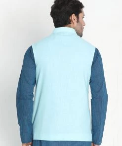 Nehru Jacket VASTRAMAY Men's Light Blue Cotton Ethnic Jacket 11 Nehru Jacket VASTRAMAY Men's Light Blue Cotton Ethnic Jacket