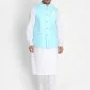 VASTRAMAY Men's Aqua Blue Ethnic Jacket And White Kurta Pyjama Set