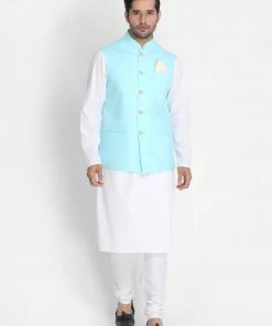 VASTRAMAY Men's Aqua Blue Ethnic Jacket And White Kurta Pyjama Set