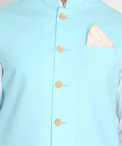 VASTRAMAY Men's Aqua Blue Ethnic Jacket And White Kurta Pyjama Set