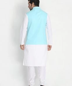 VASTRAMAY Men's Aqua Blue Ethnic Jacket And White Kurta Pyjama Set