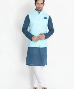 Vastramay Kurta Sets Men's Dark Blue Cotton Blend Kurta, Light Blue Ethnic Jacket And Pyjama Set