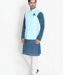 Vastramay Kurta Sets Men's Dark Blue Cotton Blend Kurta, Light Blue Ethnic Jacket And Pyjama Set