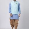 Vastramay Kurta Sets Men's Purple Cotton Blend Kurta, Light Blue Ethnic Jacket And Dhoti Pant Set