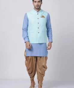 Vastramay Kurta Sets Men's Purple Cotton Blend Kurta, Light Blue Ethnic Jacket And Dhoti Pant Set