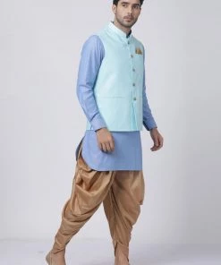 Vastramay Kurta Sets Men's Purple Cotton Blend Kurta, Light Blue Ethnic Jacket And Dhoti Pant Set