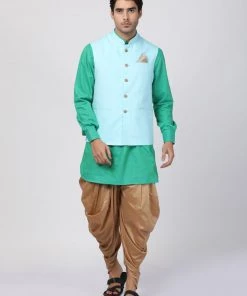 Vastramay Men's Green Cotton Blend Ethnic Jacket, Kurta And Dhoti Pant Set Kurta Sets
