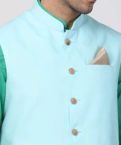 Vastramay Men's Dark Blue Cotton Blend Ethnic Jacket, Kurta And Dhoti Pant Set