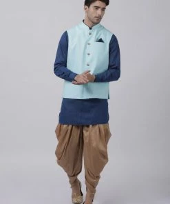 Vastramay Men's Dark Blue Cotton Blend Ethnic Jacket, Kurta And Dhoti Pant Set