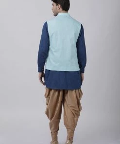 Vastramay Men's Dark Blue Cotton Blend Ethnic Jacket, Kurta And Dhoti Pant Set