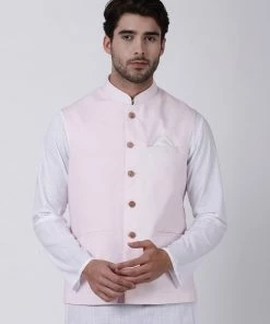 VASTRAMAY Men's Pink Cotton Ethnic Jacket