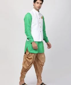 Vastramay Buy 1 Get 1 Men's Green Cotton Blend Ethnic Jacket, Kurta And Dhoti Pant Set